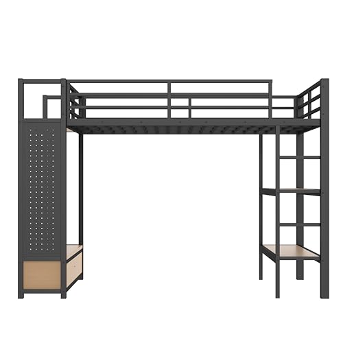 ICIUIOIR Full Size Loft Bed with Storage, Space-Saving Loft Beds with Shelves, Drawers, Pegboard and Wardrobe, MDF + Metal Bed Frame/Full ICIUIOIR