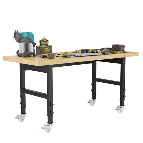 60'' Adjustable Workbench, Solid Wood Work Bench Table with Wheels and Power Outlet, Rolling Workbench Large Load Capacity Garage Workbench for Workshop,Office,Home climblocka