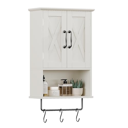 ChooChoo Farmhouse Medicine Cabinet, Bathroom Wall Cabinet with Adjustable Shelf, Towel Bar, 3 Hooks, Over The Toilet Storage Cabinet for Bathroom, Kitchen, White ChooChoo