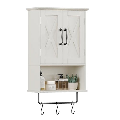 ChooChoo Farmhouse Medicine Cabinet, Bathroom Wall Cabinet with Adjustable Shelf, Towel Bar, 3 Hooks, Over The Toilet Storage Cabinet for Bathroom, Kitchen, White ChooChoo