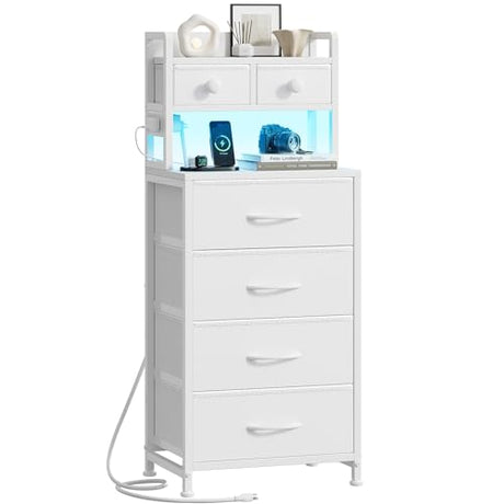 REAHOME 41 Inch Tall Nightstand with Charging Station, LED Night Stand with 6 Fabric Drawers, Bed Side Table with 3-Tier Wood Storage Shelves for Bedroom, Office, Small Spaces, White REAHOME
