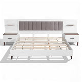 Merax King Size Bed Frame with 2 Nightstands and 2 Floating Shelves, Contemporary Platform Bed with Brown Polyester Upholstered Headboard, Middle Legs Support, No Box Spring Needed Merax