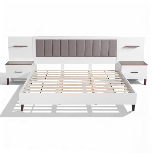 Merax King Size Bed Frame with 2 Nightstands and 2 Floating Storage Shelves, Contemporary Platform Bed Frame King Size with Upholstered Headboard, No Box Spring Needed Merax