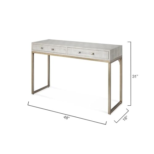 Eden Home 2-Drawer Faux Leather Console Table, Cream and Champagne Finish, 31" H x 48" W x 17" D, Clear Acrylic Handles, Iron Base, Transitional Style for Living Room or Entryway Storage Eden Home