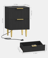 Akxomel Black Nightstand Set of 2, Fluted Night Stand with Charging Station, 13.8" D x 15" W x 23.2" H, 2 Drawers Modern Bedside Table with USB Ports and Outlets, Golden Side Table for Bedroom Akxomel