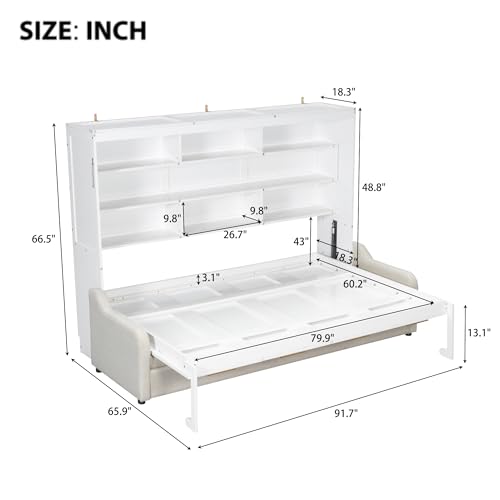 Quarte Queen Size Murphy Bed with Folding Sofa & Built-in Storage Shelves, Space-Saving Wall Bed Frame with LED Lights, Safety Lock, Easy Assembly Quarte