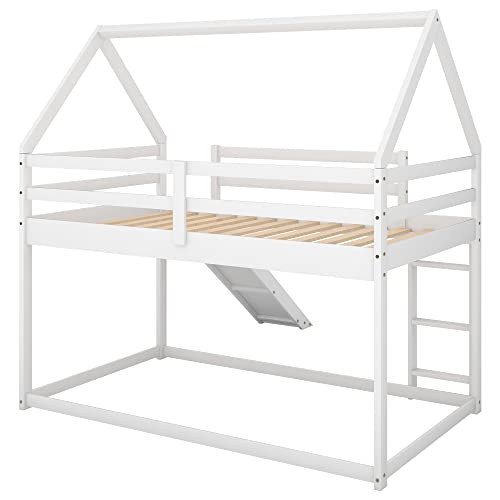 DreamBuck Twin Over Twin House Bunk Bed with Convertible Slide and Safety Guardrail in White - WoodArtSupply