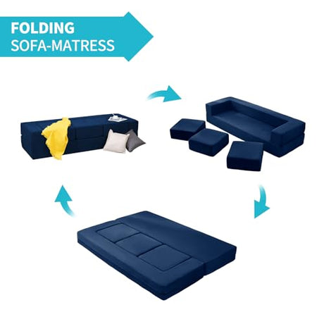CECER 80" Convertible Floor Sofa Bed，Folding Sofa Bed with 3 Ottomans，Velvet Modular Sectional Futon Sleeper，Foldable Memory Foam Couch for Living Room/Guest Room/Playroom（Blue） CECER