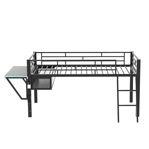 Bellemave Twin Loft Bed with Desk, Gaming mid loft Bed with Desk, LED, Storage Space, Black Bellemave