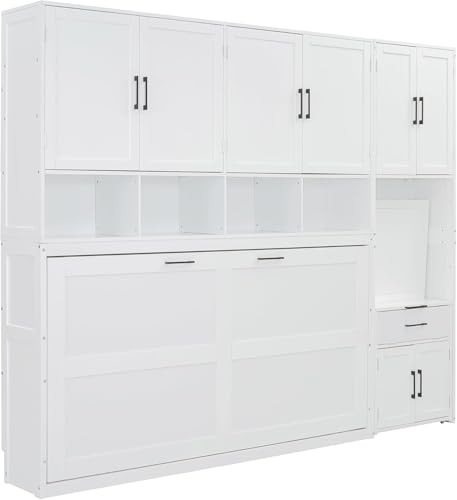 Virubi Twin Horizontal Murphy Bed with Desk and Wardrobe Closet,Wood Twin Folding Murphy Wall Bed with Storage Shelves Cabinets and Drawers for Adult (White) Virubi