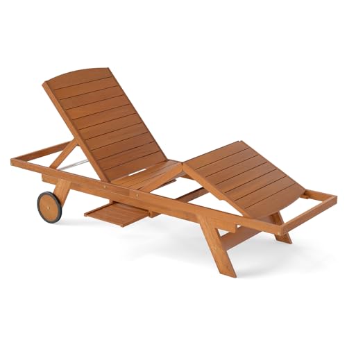 Tangkula Lounge Chair Outdoor with Wheels, Patio Wood Chaise Lounge with 4-Position Adjustable Backrest & Leg Area, Extendable Side Table, Pool Sunbathing Reclining Lounger for Outside Backyard (1)