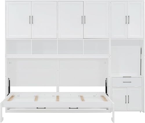 Virubi Twin Horizontal Murphy Bed with Desk and Wardrobe Closet,Wood Twin Folding Murphy Wall Bed with Storage Shelves Cabinets and Drawers for Adult (White) Virubi