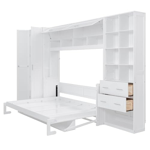 SOFTSEA Queen Size Horizontal Murphy Bed with Desk, Folding Murphy Bed Cabinet with Storage Wardrobe Drawers and Shelves, Hidden Wall Bed Frame for Guest Room, Bedroom, Office, White SOFTSEA