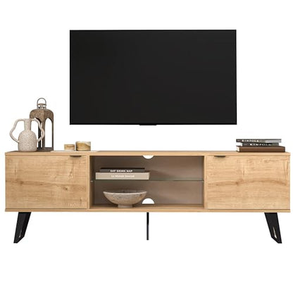 Atelier Mobili Mid Century Modern TV Stand 75 inch | Farmhouse Entertainment Center with Storage | TV Stand for 75 Inch TV | Oak TV Stand for Living Room Entertainment Center for Bedroom TV Stand