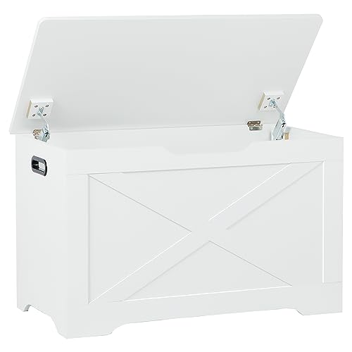 Timberer Storage Chest, Wooden Storage Bench, Entryway Shoes Bench with 2 Safety Hinges, Retro Storage Trunk for Living Room, Bedroom, 15.7 x 31.5 x 18.9 Inches, White Timberer