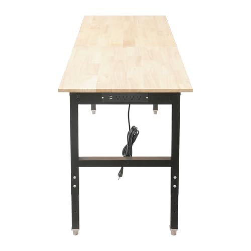 Adjustable Workbench with Power Outlets, 72"x25" Heavy-Duty Work Table, Oak Wood & Carbon Steel Workbench, 3000lbs Load Capacity, Height Adjustable, Utility Table for Garage, Workshop, Office NECKCLOUSE