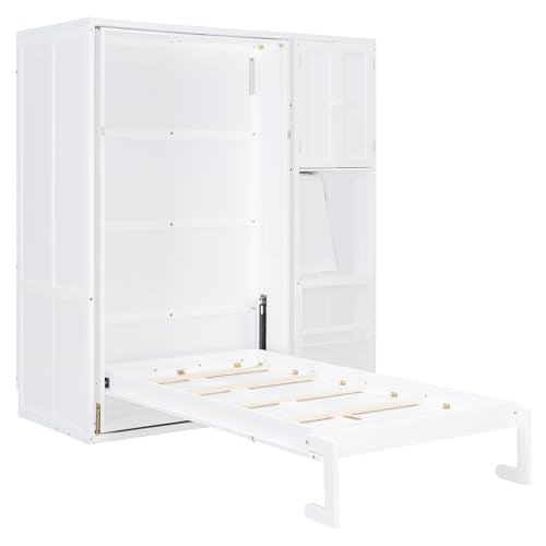 SOFTSEA Twin Size Murphy Bed with Desk, Bookshelf & Storage Cabinets, Space-Saving Foldable Wall Bed with Extendable Desk, White SOFTSEA