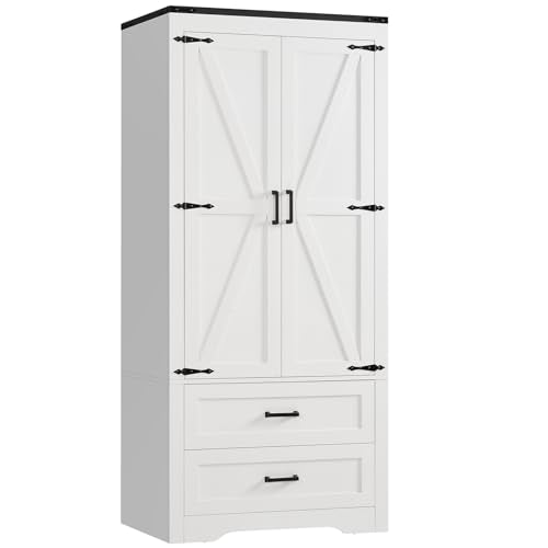 Quimoo 71" Tall Pantry Cabinet with 2 Drawers & Adjustable Shelf, Kitchen Pantry Cabinet with Barn Doors, Storage Cabinet, Kitchen Cabinet for Kitchen, Home Office, Bathroom, White - WoodArtSupply