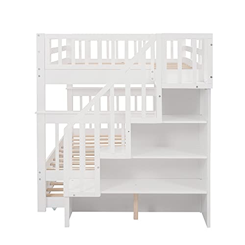 MERITLINE Wooden Bunk Bed Frame, Full Over Full Bunk Bed with Trundle, Bunk Beds with Stairs Full Size, Trundle Bunk Beds, Convertible Bunk Bed for Kids(White)