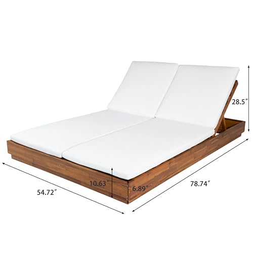 Christopher Knight Home Toridan Double Chaise Lounge Outdoor with Cushion, Acacia Wood Patio Chaise Lounge Set of 2, Adjustable Backrest Poolside Sun Lounger, Wood Sunbathing Chair, Teak+White