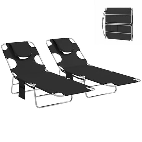 Outsunny Chaise Lounge Chair Outdoor Set of 2 with Face Arm Hole, 5-Position Reclining Face Down Tanning Chair with Carry Strap, Side Pocket, Portable Folding Bed Cot for Patio Beach Pool, Black Outsunny