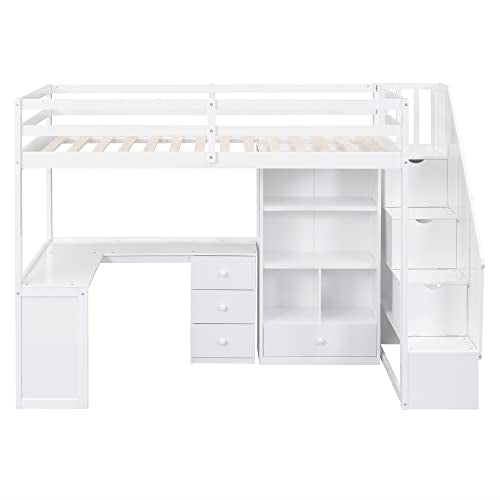 Merax Twin Size Wood Loft Bed with L-Shaped Desk, Storage Staircase and Drawers in White - WoodArtSupply