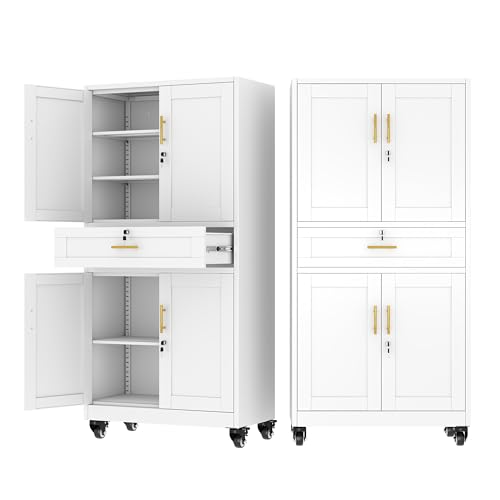 Ckzbx Metal Garage Storage Cabinets with Locking Doors and Adjustable Shelves, Tool Cabinets on Wheels, 75" H Heavy Duty Storage Organizers with Drawer for Garage Warehouse (White) Ckzbx