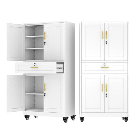 Ckzbx Metal Garage Storage Cabinets with Locking Doors and Adjustable Shelves, Tool Cabinets on Wheels, 75" H Heavy Duty Storage Organizers with Drawer for Garage Warehouse (White) Ckzbx