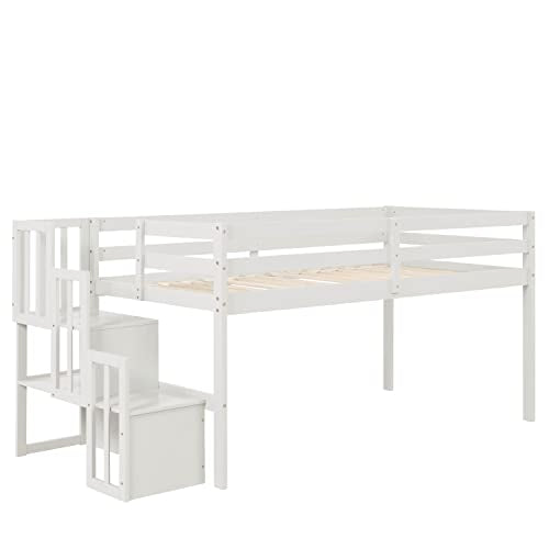 Twin Size Low Loft Bed with Stairs,Kids Loft Bed with Storage Staircase,Twin Bed Frame for Kids Boys Girls,White Bellemave