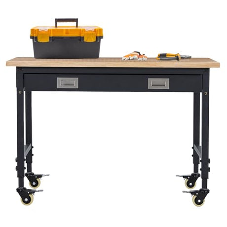 ACONEE 48" Adjustable Workbench, Heavy Duty Workstation 2000 LB Load Capacity, Rubber Wood Top Workstation with Drawer & 4 Rolling Casters, Power Outlets, Metal Frame, Workbench for Workshop Garage ACONEE