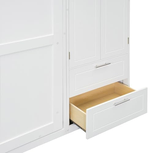 Merax Murphy Bed Queen with Wardrobe and Top Cabinet, Murphy Bed Cabinet Queen with 2 Drawers and Storage Shelves, No Box Spring Needed, White Merax