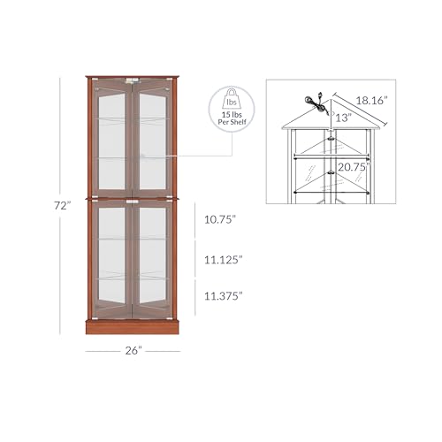 BELLEZE Lighted Accent Corner Display Curio Cabinet with Tempered Glass Doors and Shelves, Classic Wood Cabinet with Bulb, Corner Curio Storage Rack