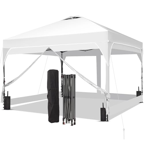 GDY 10x10FT Pop Up Canopy Tent with One Push Setup, Easy Setup Gazebo with 4 PVC Transparent Sidewalls for Events, Parties, Camping, White. GDY