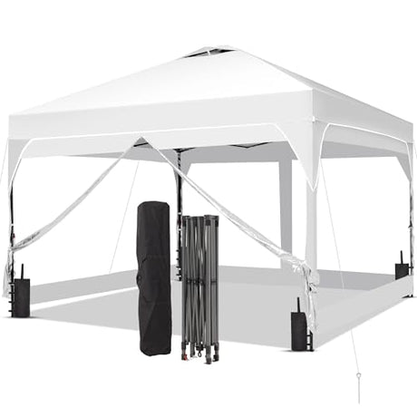 GDY 10x10FT Pop Up Canopy Tent with One Push Setup, Easy Setup Gazebo with 4 PVC Transparent Sidewalls for Events, Parties, Camping, White. GDY