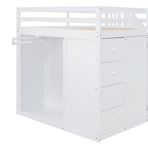 Harper & Bright Designs Full Size Loft Bed with Stairs and Wardrobes, Solid Wood Loft Bed Frame with Storage Cabinets and Drawers for Kids Teens Adults, Weight Capacity: 600LBS, White Harper & Bright Designs