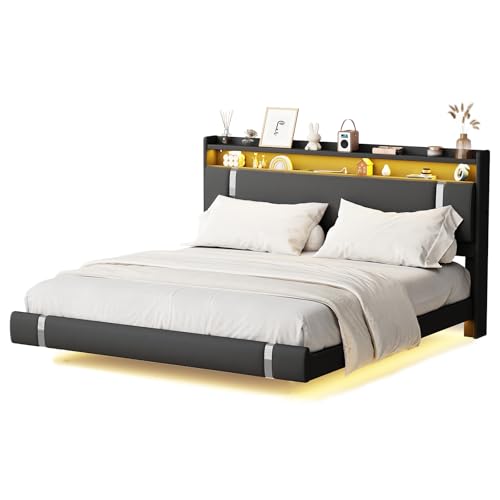 Seeday Floating Bed Frame with Storage Headboard, Modern Black King Size Bed Frame with LED Light and Charging Station, Upholstered Platform Bed Frame, No Box Spring Needed, Metal Frame Noise-Free Seeday