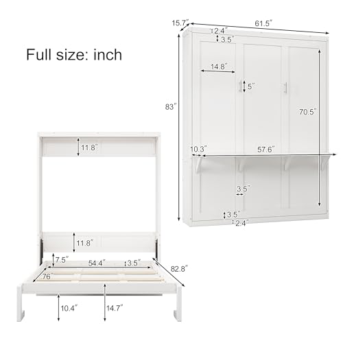 GYYBED Full Size Murphy Bed, 61.5-inch Cabinet Bed Folding Wall Bed with Desk Combo,Space-Saving Furniture Bed Frame,for Guest Room, Study, Office (White, Full) GYYBED