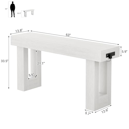 Unikito 63'' Farmhouse Console Table with Power Outlets and Sensor Light, Wooden Entryway Table with Storage, Rectangular Sofa Tables Behind The Couch for Entrance, Hallway, Living Room, Antique White Unikito