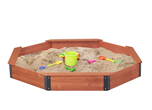 85''x78''x9'' Octagon Sandbox with Cover for Kids Outdoor Play, Wood Large Sandpit with 4 Benches, Quick Easy Install SoliWood