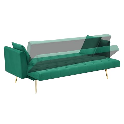 71" Modern Velvet Sofa Bed Futon, Convertible Sleeper Couch with Adjustable Backrest, Tufted Recliner Loveseat with Golden Chrome Legs & 2 Pillows for Small Spaces, Living Room, Apartment (Green) Generic