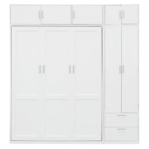 Merax Murphy Bed Queen with Wardrobe and Top Cabinet, Murphy Bed Cabinet Queen with 2 Drawers and Storage Shelves, No Box Spring Needed, White Merax
