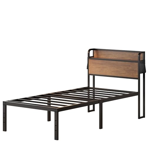 Maenizi 16 Inch Twin Bed Frames with Wood Headboard, Storage Bed Frame Twin No Box Spring Needed, Noise Free, Mahogany Maenizi