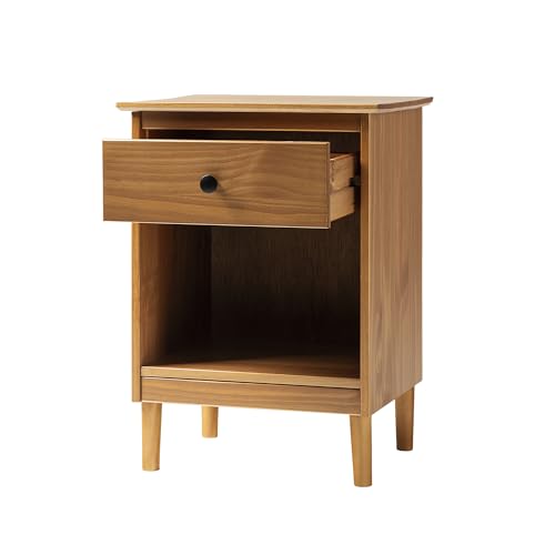 Walker Edison Traditional Wood 1 Drawer Nightstand Side Table Bedroom Storage Drawer and Shelf Bedside End Table, 18 Inch, Caramel - WoodArtSupply