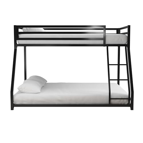 DHP Miles Low Metal Bunk Bed Frame for Kids, With Built-in Ladder, High Guardrail and Metal Slats, Floor Bed Bottom Bunk, No Boxspring Required, For Small Spaces, Twin-Over-Full, Black DHP