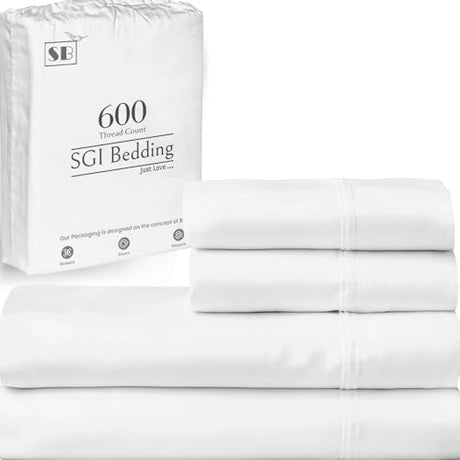 SGI bedding 600 Thread Count 4 Piece 100% Egyptian Cotton Full Size Sheets Set, 15" Deep Pocket Sheet Set, Premium, Breathable, Soft and Hotel-Quality Luxury Sheets - White SGI bedding
