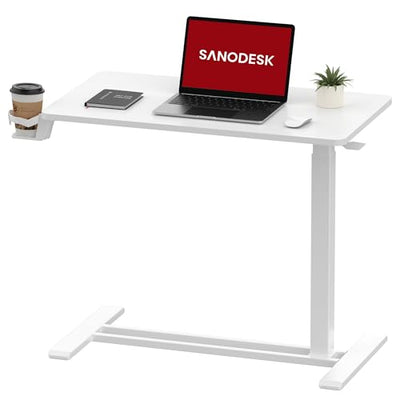 SANODESK Mobile Standing Desk with Hidden Wheels,Pneumatic Laptop Desk Rolling Computer Cart Movable Height Adjustable Small Sit Stand Desk for Home Office(31.5" W x 15.7" D,White)