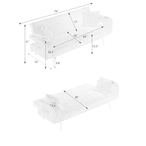 73" Convertible Futon Sofa Bed,Modern Corduroy Sleeper Couch with 3 Reclining Backrests,Golden Chrome Legs,Comfy Cloud Sofa Loveseat for Small Living Room Bedroom Office (Black) Majnesvon