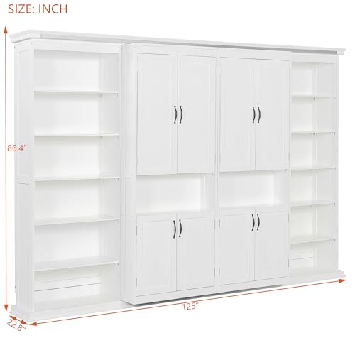 THINK 30 Full Size Murphy Bed with Dual 6-Tier Side Shelves&Dual Sliding Cabinet, Wooden Foldable Hidden Wall Bed with Large-Capacity Storage System, Space-Saving Murphy for Bedroom Study Home Office THINK 30