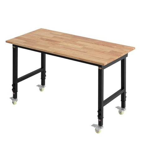 VEVOR Adjustable Workbench on Wheels, 1500 lbs Capacity, 48 x 24 Inch Oak Wood Top Workbench with 28.5-42.3 Inch Height Adjustment, Heavy-Duty Hardwood Worktable for Garage, Workshop, Home, Office VEVOR