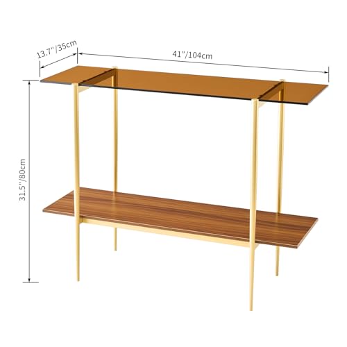Saint Mossi 2-Tier Brown Console Table for Living Room, Modern Narrow Entryway Table, Glass Sofa Table for Hallway, Foyer, Corridor, Office, Brown Glass Top & Gold Frame, D41×H31xW13 SM Saint Mossi